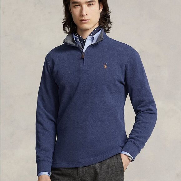 Polo Ralph Lauren Estate Rib 100% Cotton Quarter Zip Pullover Blue Mock Neck L - Picture 1 of 10